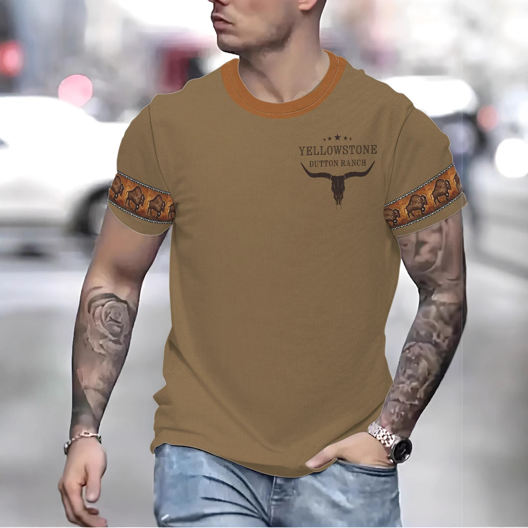 Herrer T-shirt med unik western-motiv og kontrasterende ærmedetaljer Stilla