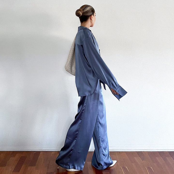 Dame Satin Ensemble med oversized bluse og brede bukser Stilla