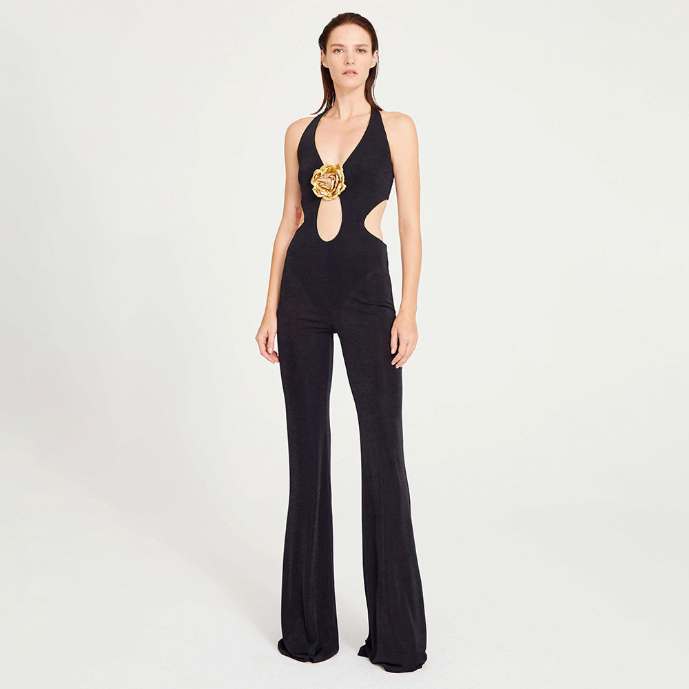 Dame Mode Jumpsuit med dyb udskæring og dekorativ detalje Skovae