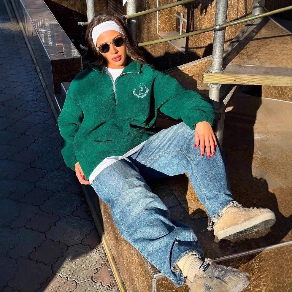 Dame oversized fleece pullover med lynlås og broderet logo Stilla