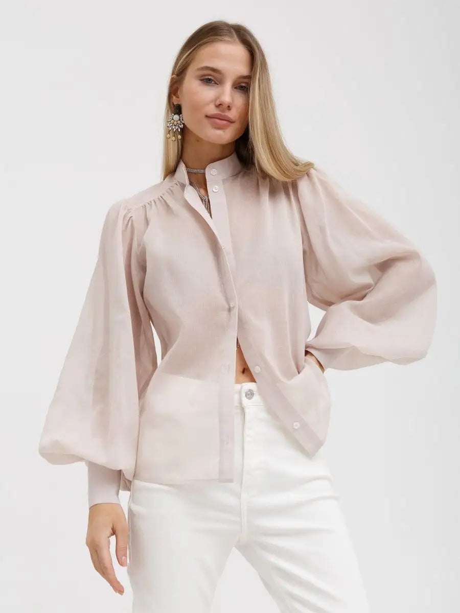 Damer Elegant Bluse med voluminøse Puffærmer og gennemsigtigt Stof Stilla