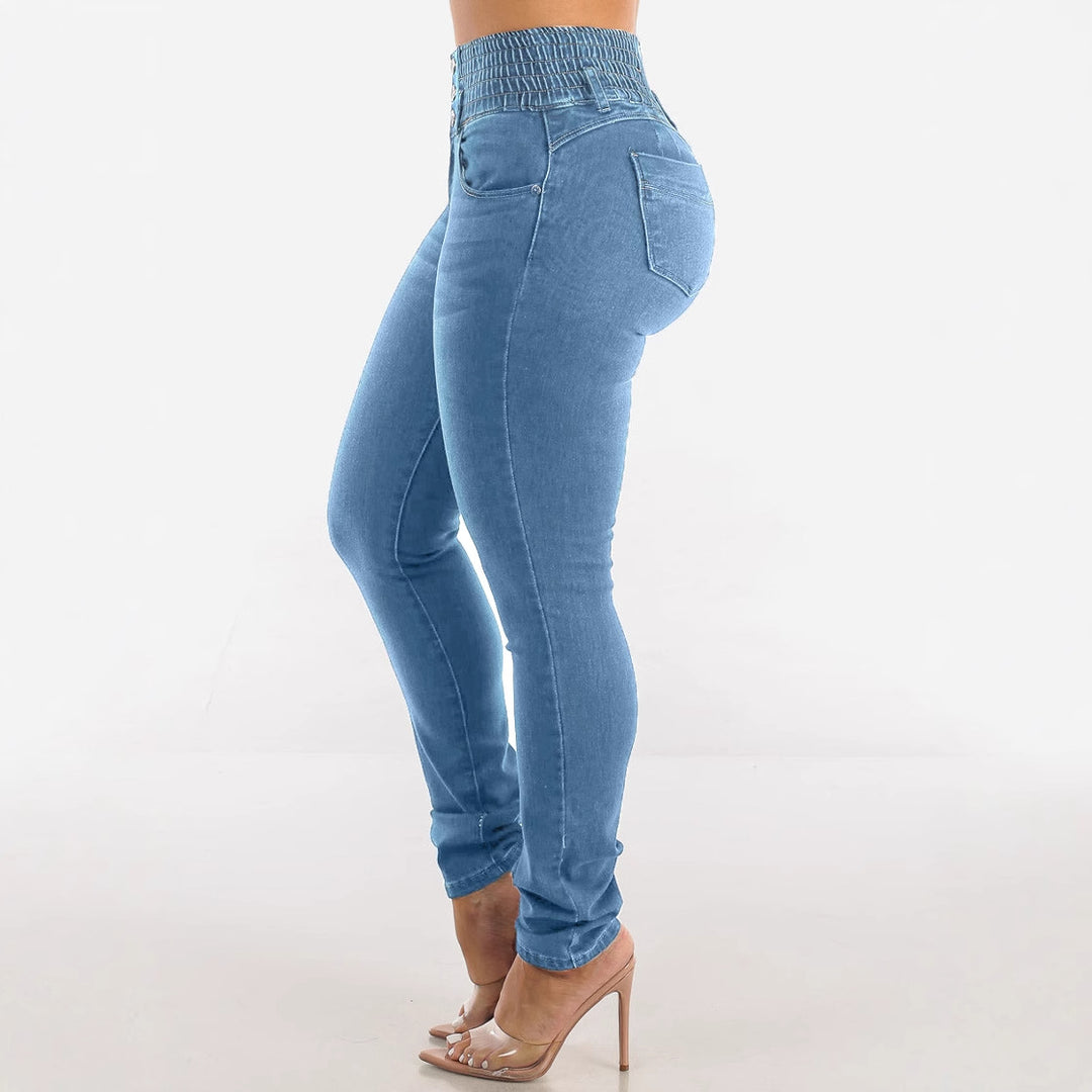 Dame Højtaljede Skinny Jeans med elastisk talje og knapdetaljer Stilla