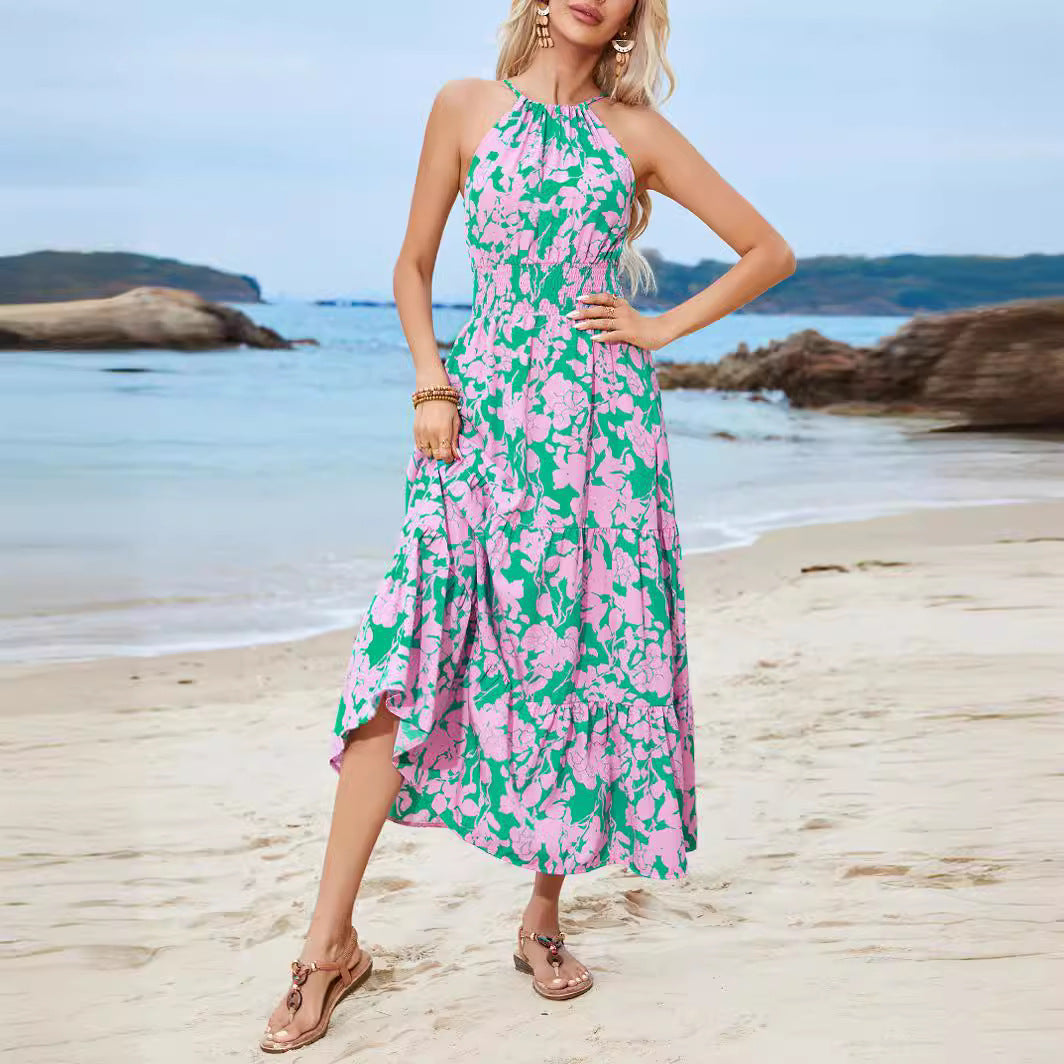 Dame Halterneck Blomstret Maxi Kjole med Flowy Skirt Stilla