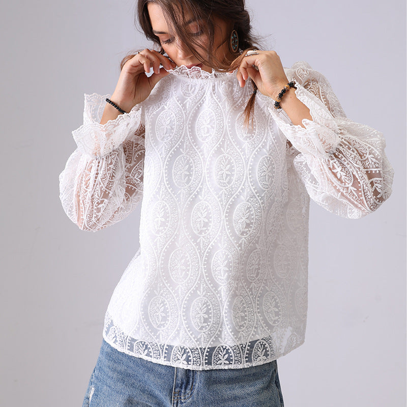 Dame Elegant Spids Overlay Bluse Stilla