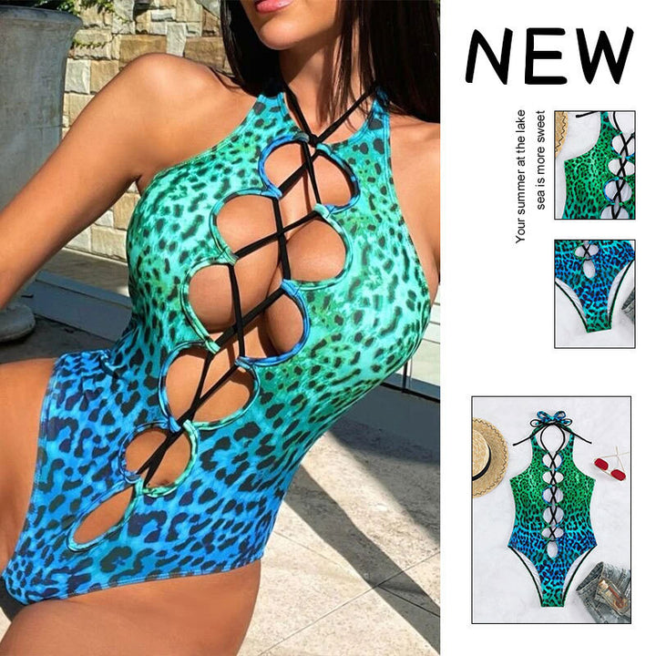 Dame one-piece badedragt med raffineret snørre-design og farverigt dyremotiv Skovae