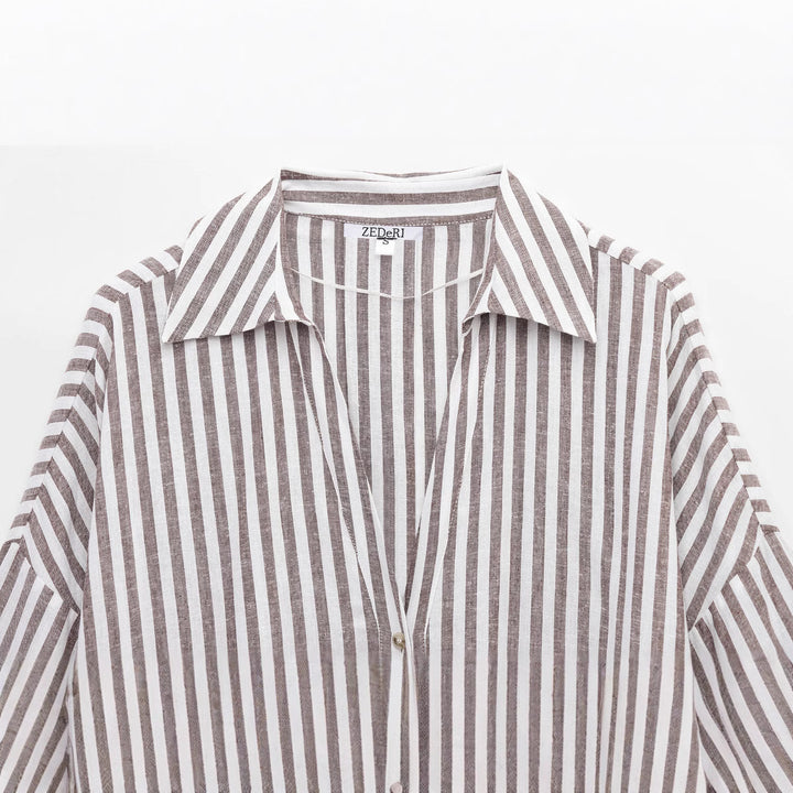 Femme Stribet Knap-Op Linned Bluse Stilla