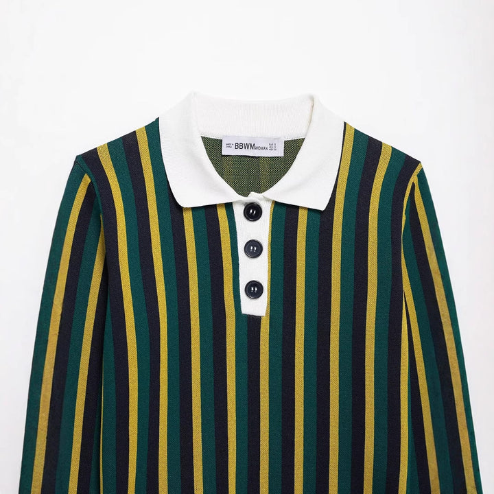 Femme Kort skåret stribet strik-Polo-sweater Stilla