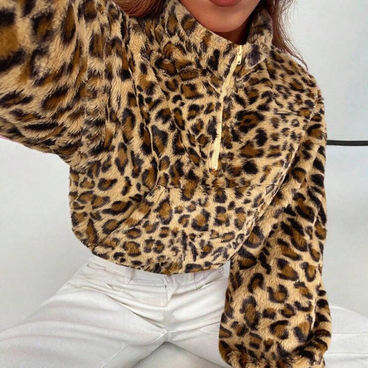 Damer fleece pullover med leopardmønster Stilla