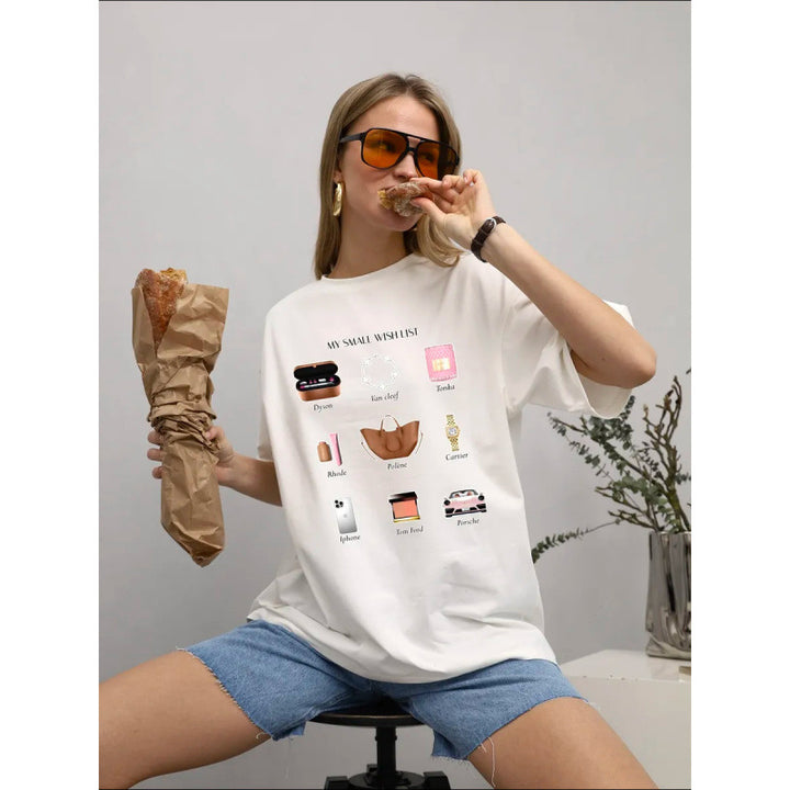 Dame T-shirt med kreativ ønskeseddel-print og afslappet oversized cut Stilla