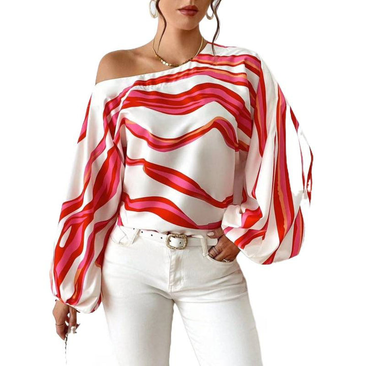 Dame Off-Shoulder Bluse med kunstnerisk mønster og voluminøse ærmer Skovae