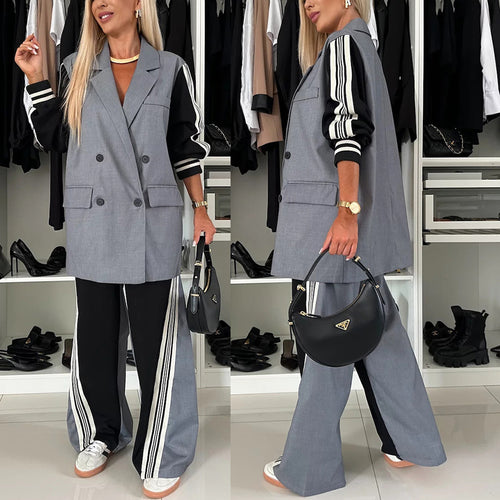 Dame Elegant Blazer- og Bukse-Sæt med sportslige Striber Stiila