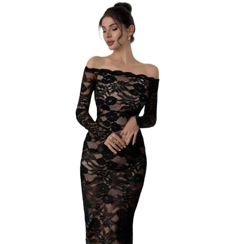 Dame Elegante Blondekjole med Off-Shoulder Design og Lange Ærmer Skovae