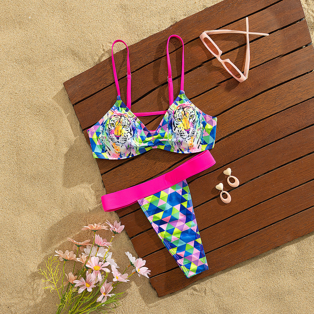 Dame bikini-sæt med geometrisk tiger-design og bred taljebånd Stilla