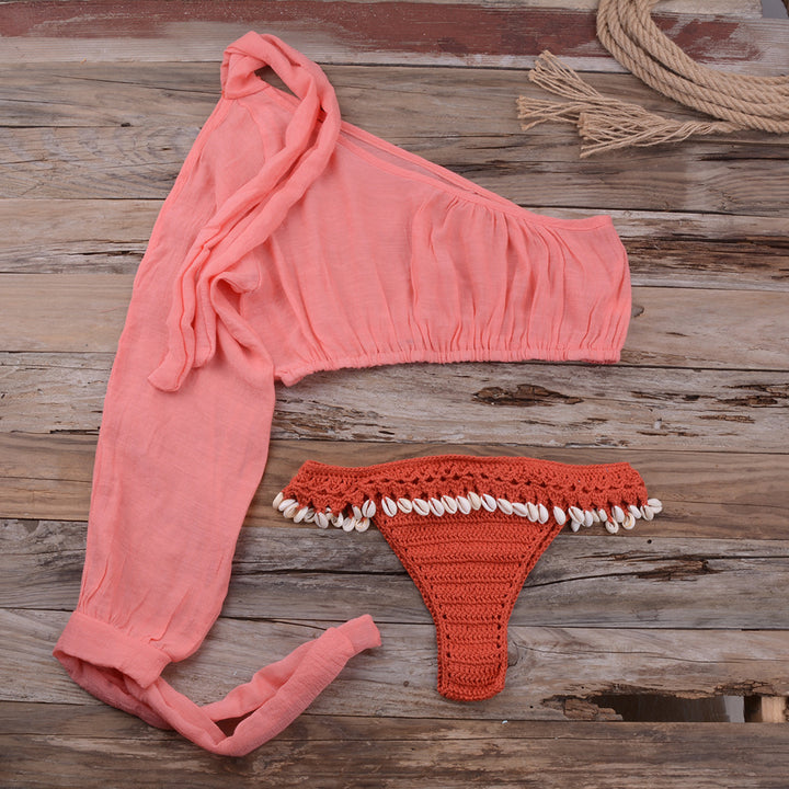 Dame Cropped Bikini-top med en stilfuld langærmet og muslingedekoration Stilla