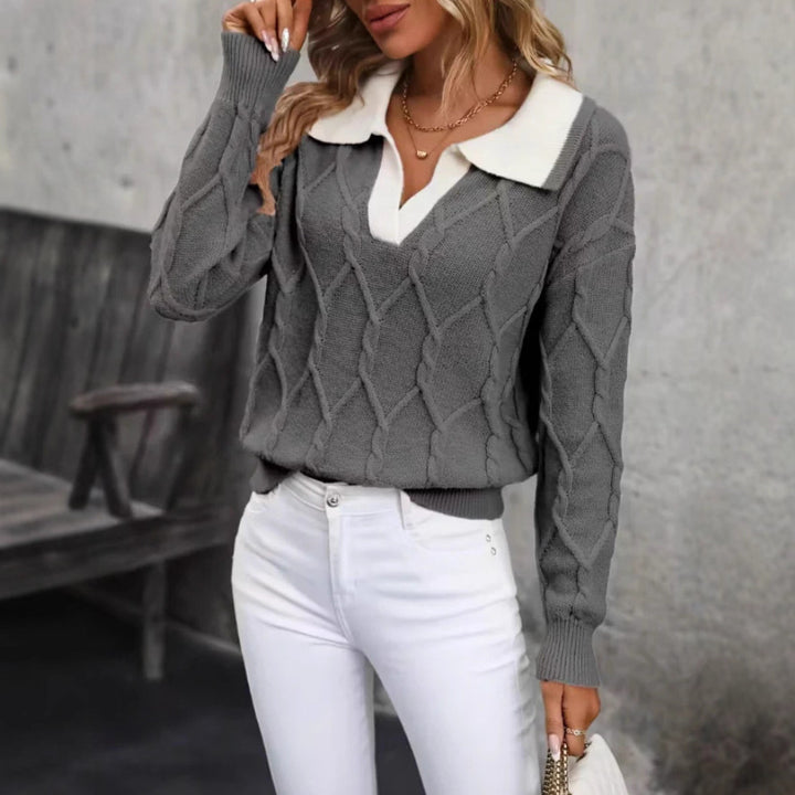 Kvinders strikkede pullover med klassisk polo krave og diamant tekstur Stilla