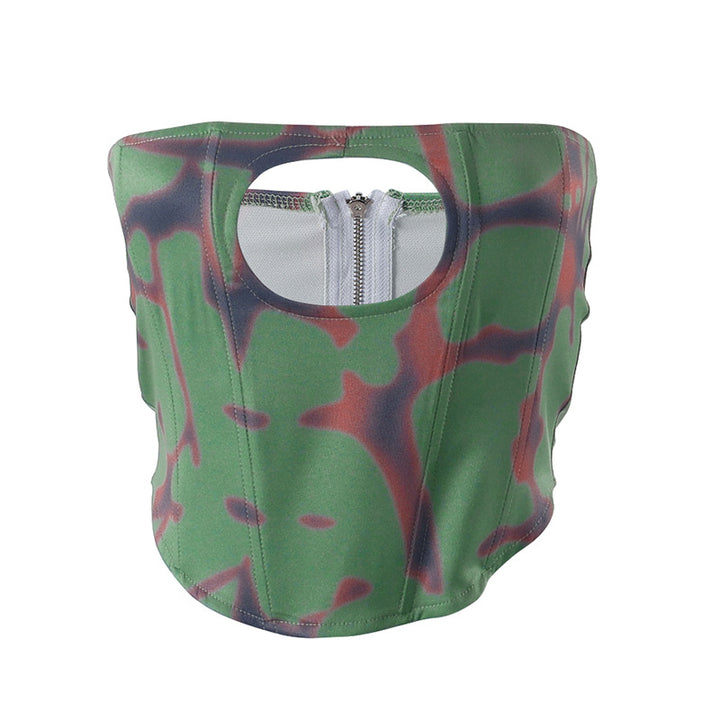 Dame bandeau-top med kreativ cut-out og moderne ternet mønster Skovae