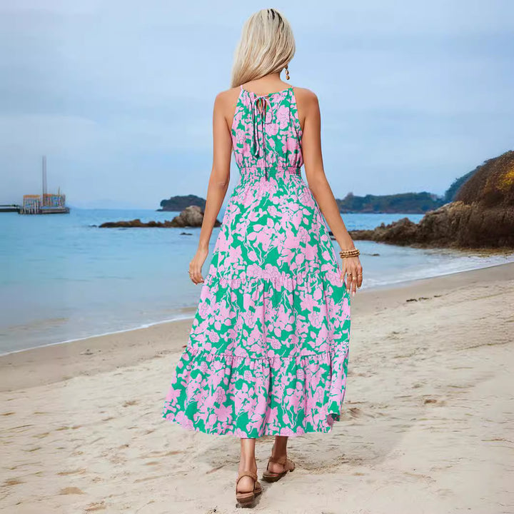 Dame Halterneck Blomstret Maxi Kjole med Flowy Skirt Stilla