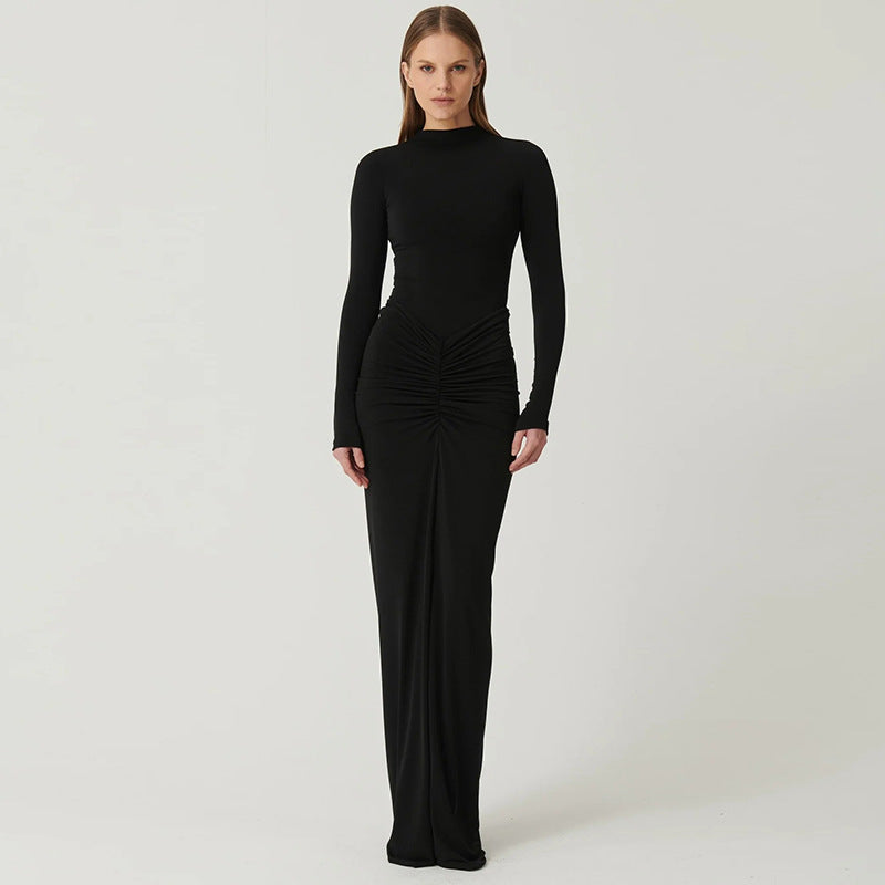 Dame Elegant Maxikjole med raffineret rynkeelement og lang arm Stilla