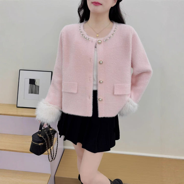 Damer elegant cardigan med perle dekoration og fluffy ærmer Stilla