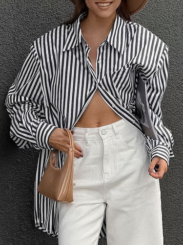 Dame Oversize Stribet Bluse i moderne stil med afrundet kant Stilla