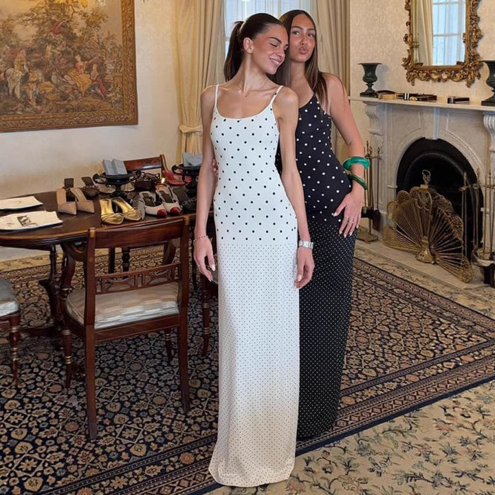 Dame Elegant Polka Dot Maxikjole med justerbare stropper og flydende snit Skovae