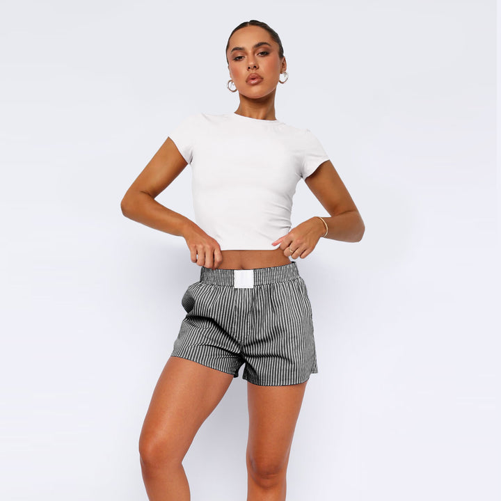 Dame bomulds-shorts med elastisk talje og stribemønster Stilla