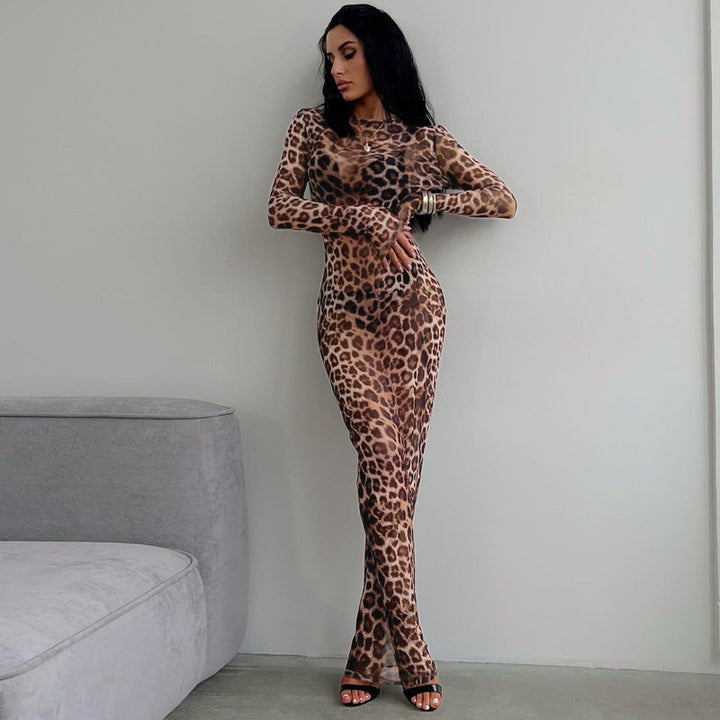 Damer Langt Leopardmønster Kjole med tætsiddende snit og elegante detaljer Stilla