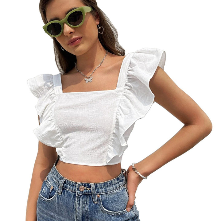 Dame Cropped Top med Flæse Detaljer og Kvadratisk Hals Stilla