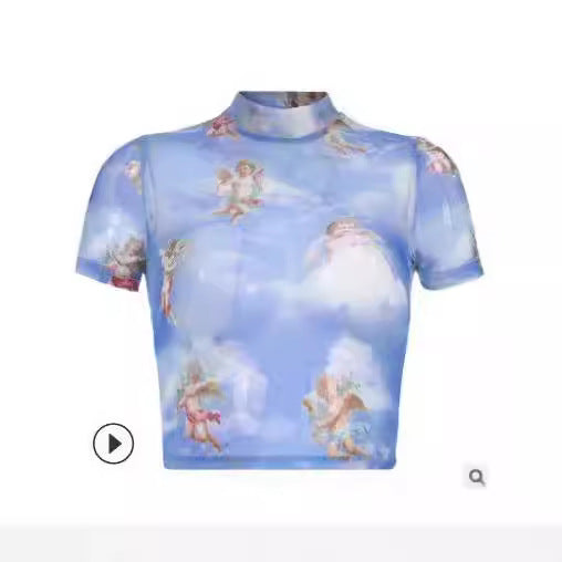 Dame Højhalset Crop-top med romantiske Engelmotiver Skovae