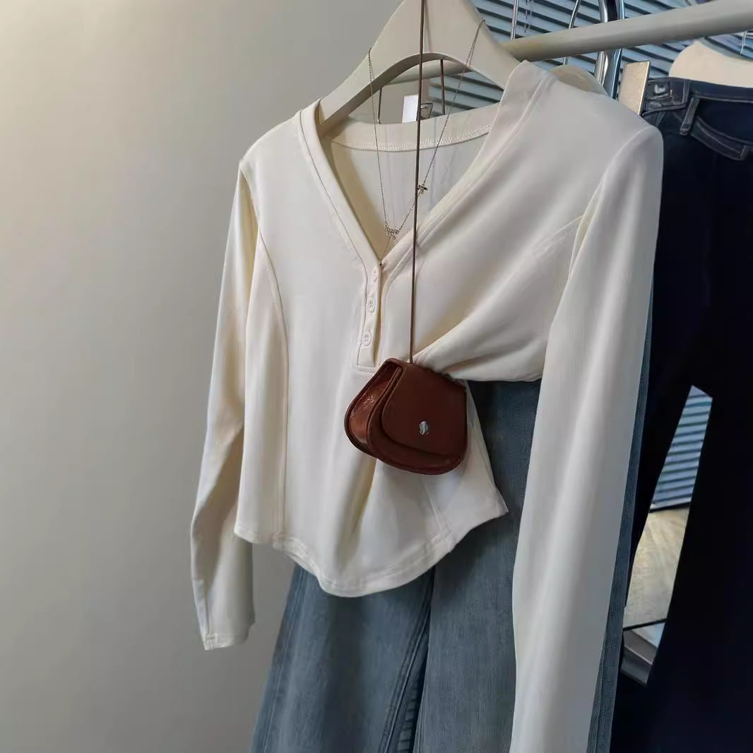 Femme Stilfuld Langærmet Knap-Henley- Top Stilla