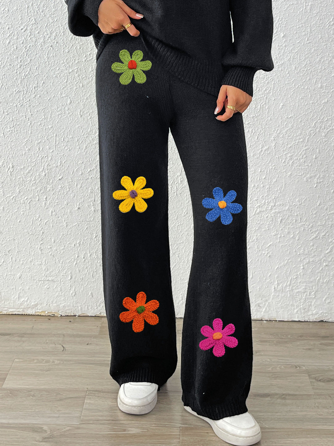 Dame Behagelig Strikbukser med farverige blomster Stilla