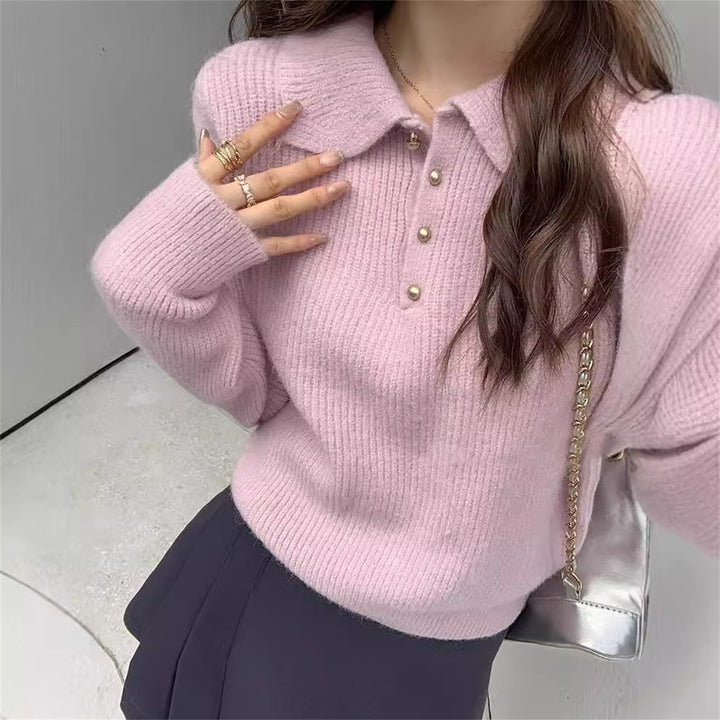 Kvinders sweater med tekstureret polo krave og knapdetaljer Stilla