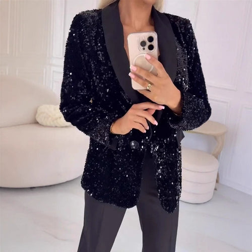 Dame elegant paillet blazer med skimrende revers Stilla