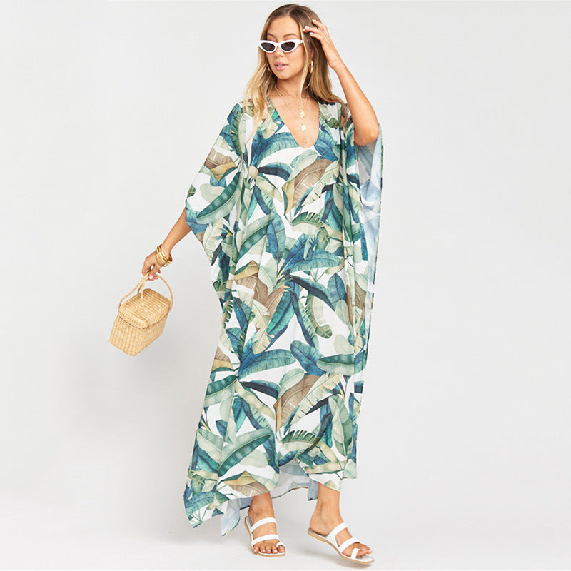 Dame Strandkaftan med blomsterbladmønster og elegant snit Stilla