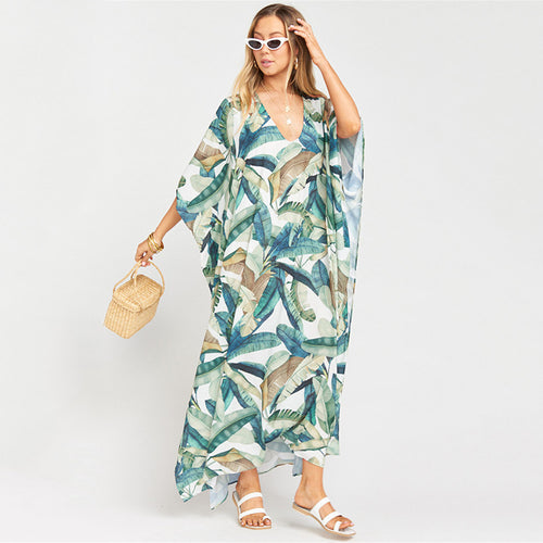 Dame Strandkaftan med blomsterbladmønster og elegant snit Stilla