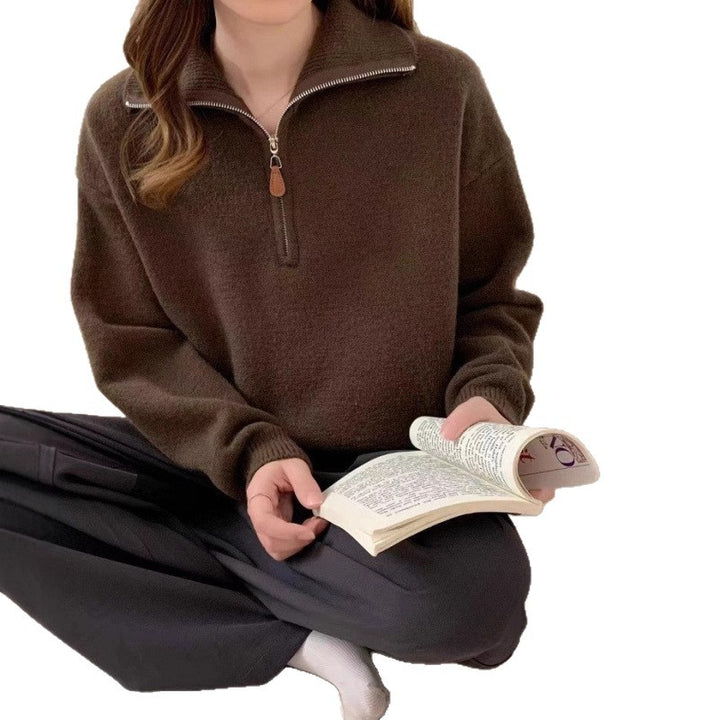 Kvinders mode sweater med høj hals og lynlås