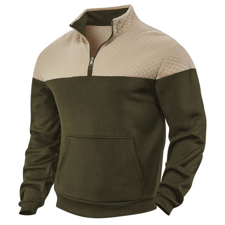 Herren nan quilted skulderpas halvzip sweater med kenguruhåpning og ståkrave Skovae