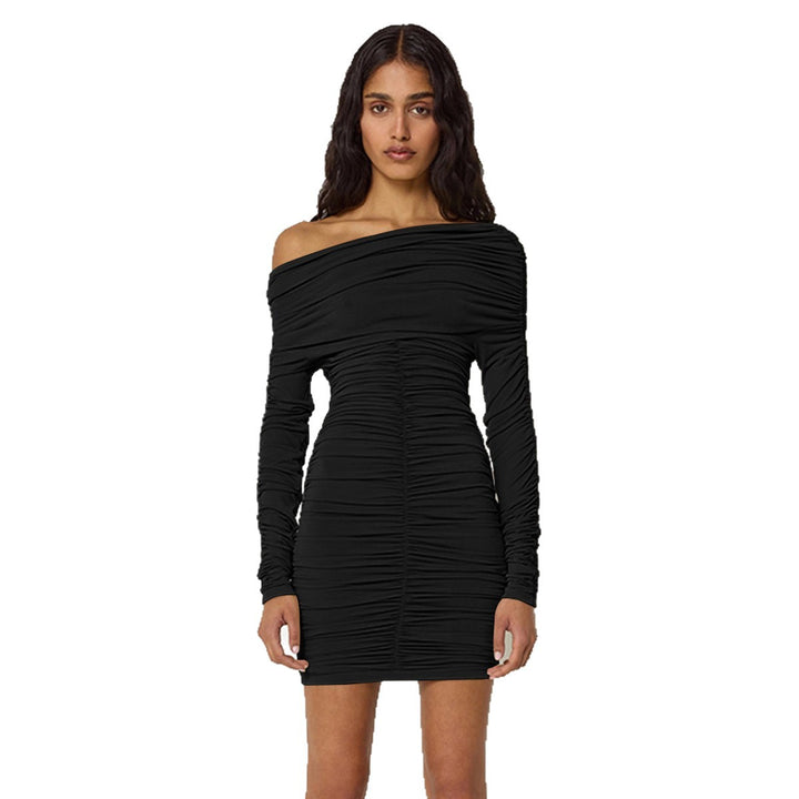 Damer Figursyet Off-Shoulder Kjole med Rynk og Lange Ærmer Skovae