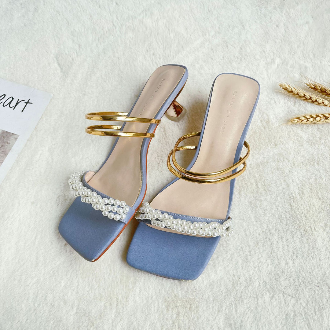 Femme Elegante Perleprydede Slide Sandaler med Blokhæle Stilla