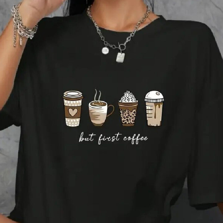 Dame T-shirt med humoristisk kaffemotiv Stilla