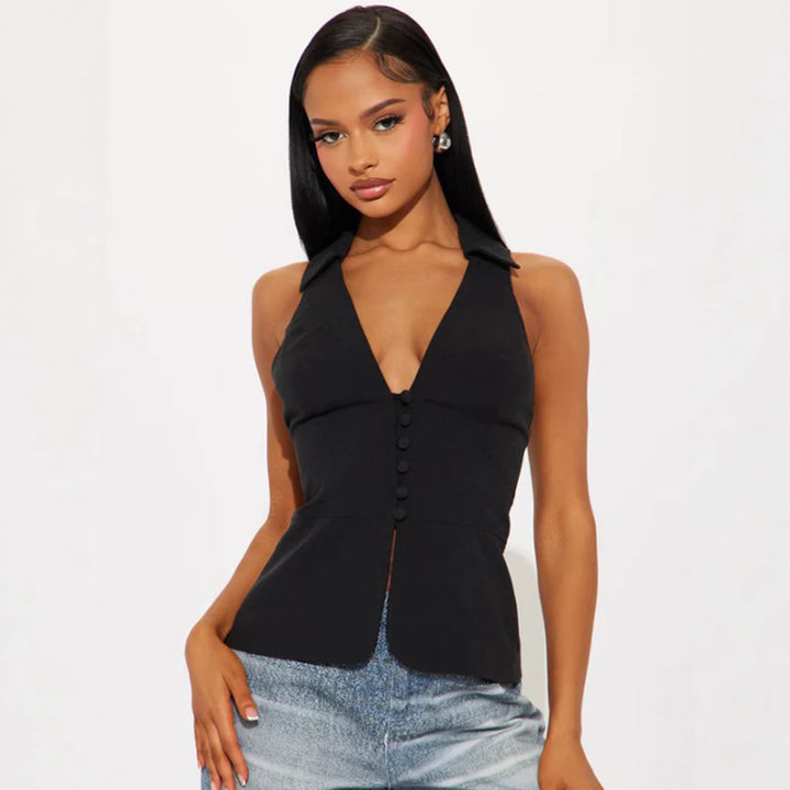 Damen elegantes ärmelloses Top mit figurbetontem Schnitt und stylischem Kragen Skovae