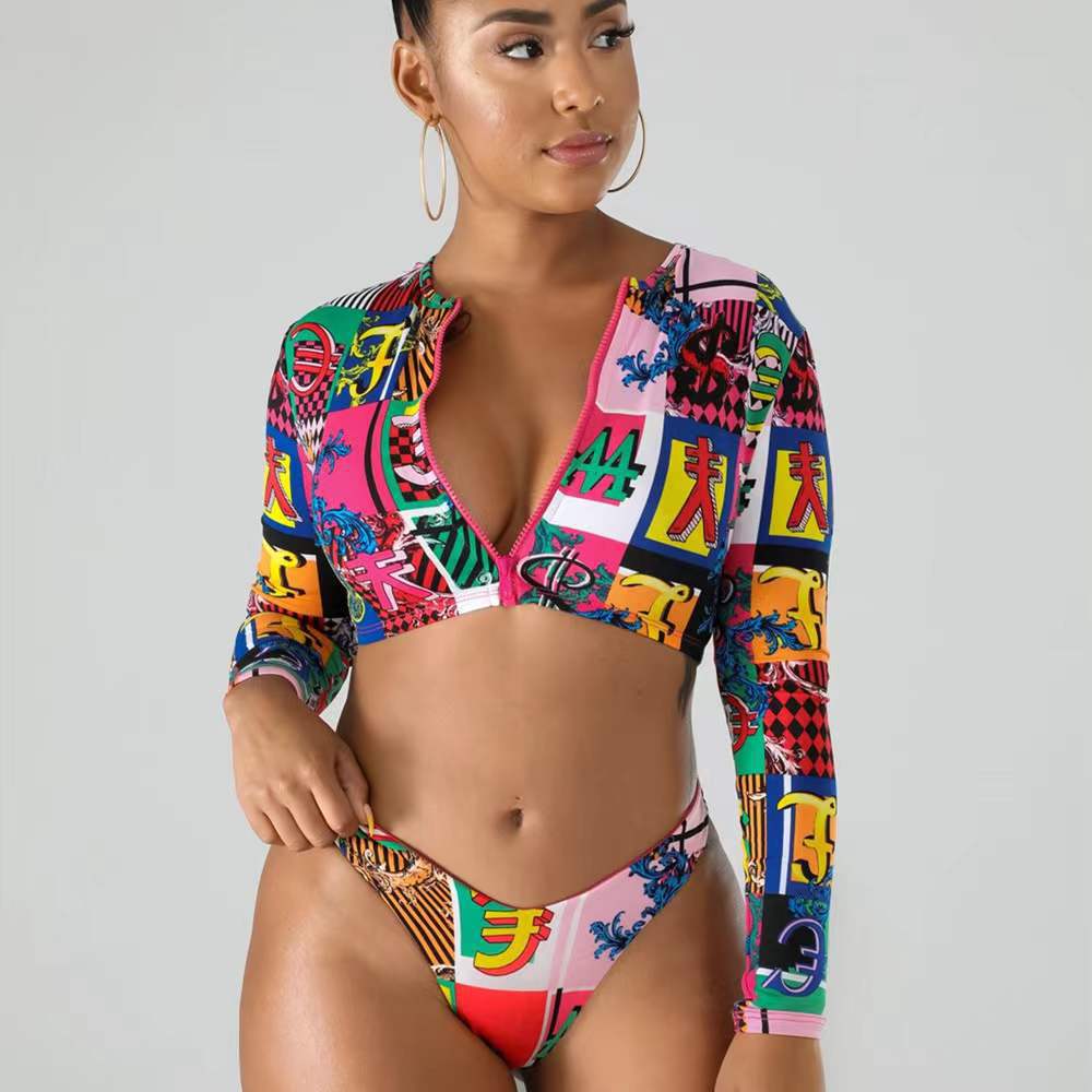 Dame Surf-Bikini-Sæt med langærmet top og moderigtig lynlås Skovae
