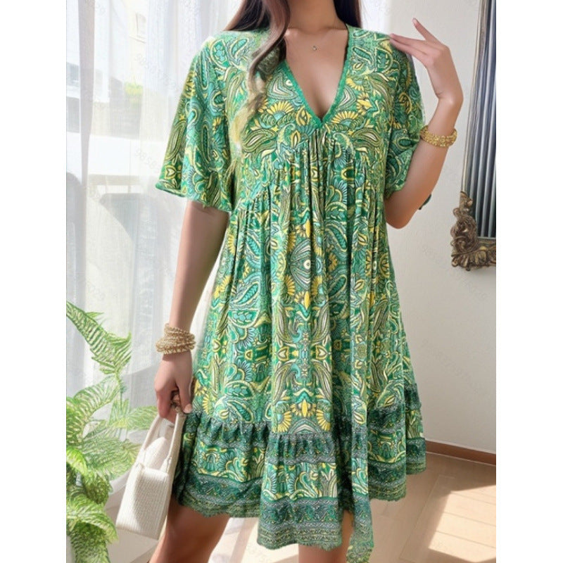 Dame Boho Blomsterprint Svingkjole Stilla