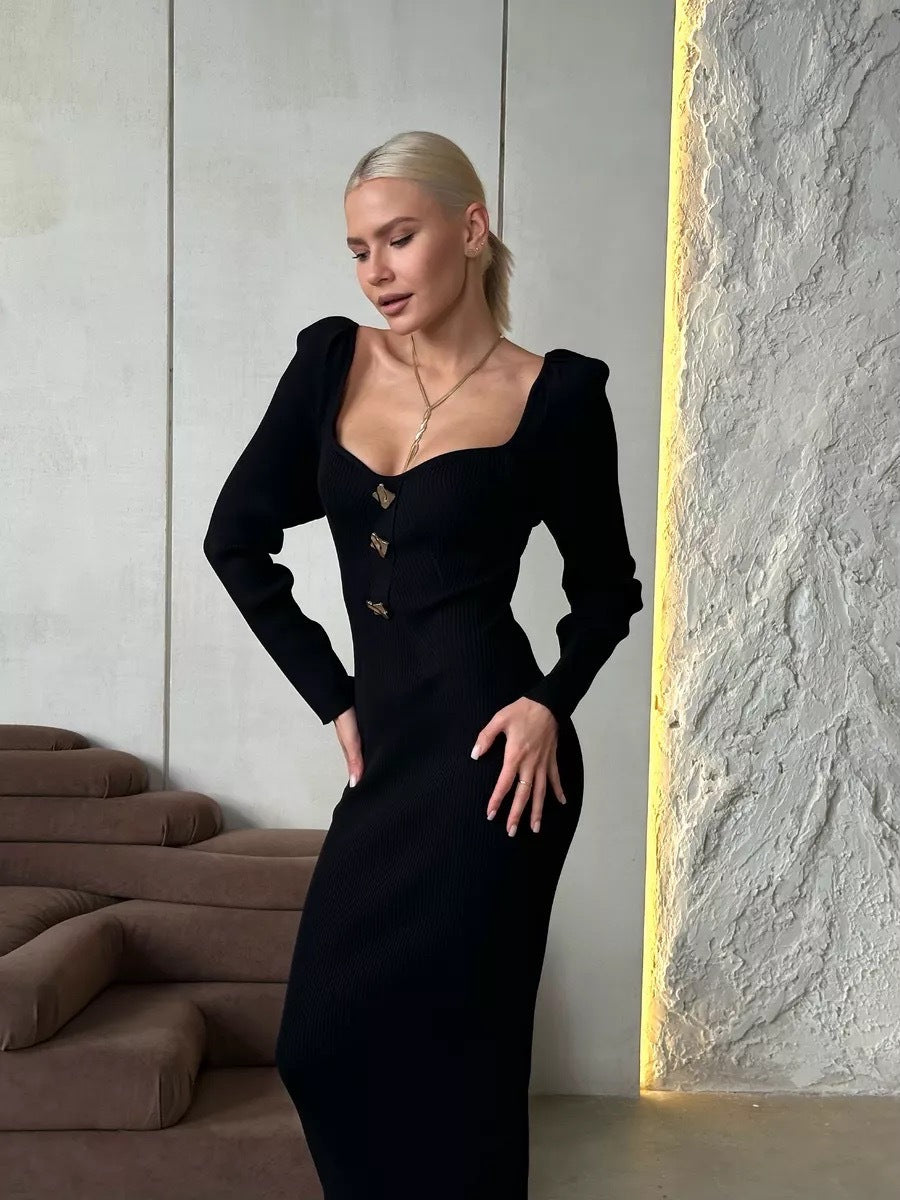Femme Elegante Ribstruktur Knap Midi Kjole Stilla