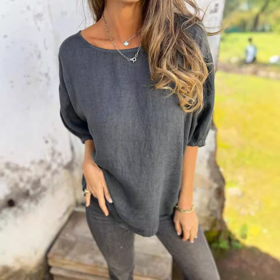 Dame Casual Linned blouse med brede ærmer og rund halsudskæring Stilla