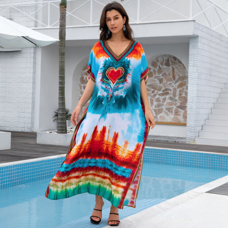 Dame Kaftan med farverigt påfuglmotivet og brede ærmer Stilla