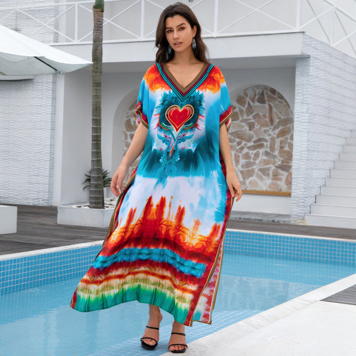 Dame Kaftan med farverigt påfuglmotivet og brede ærmer Stilla
