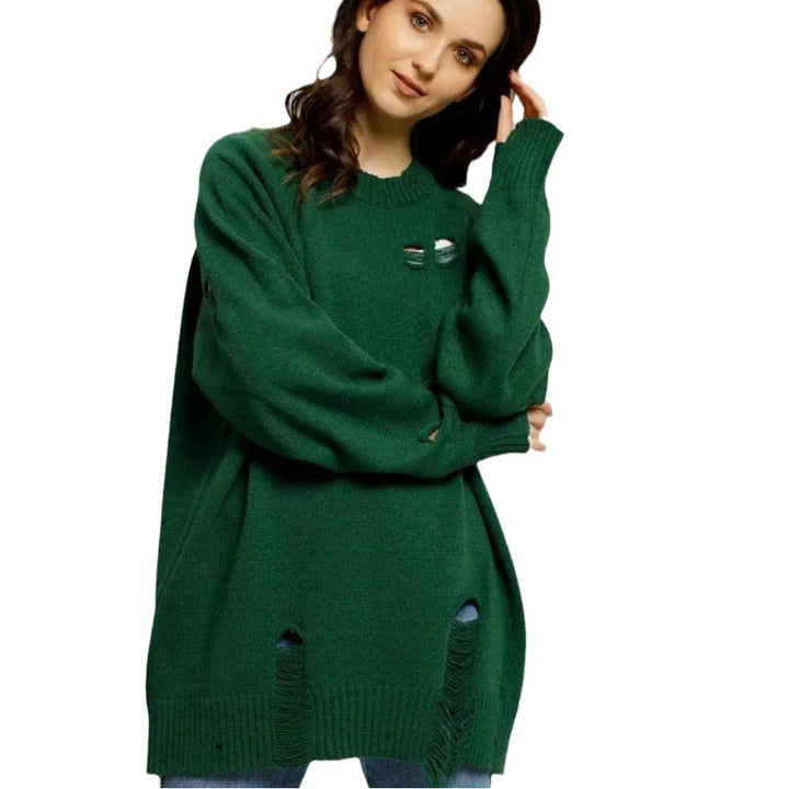 Dame Oversized Strikbluse med Frynser og Hul-Design Stilla