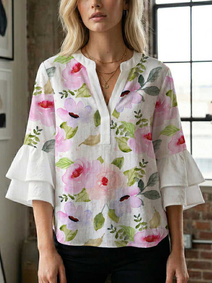 Dame elegant bluser med voluminøse rucheærmer og grafisk blomsterdesign Skovae