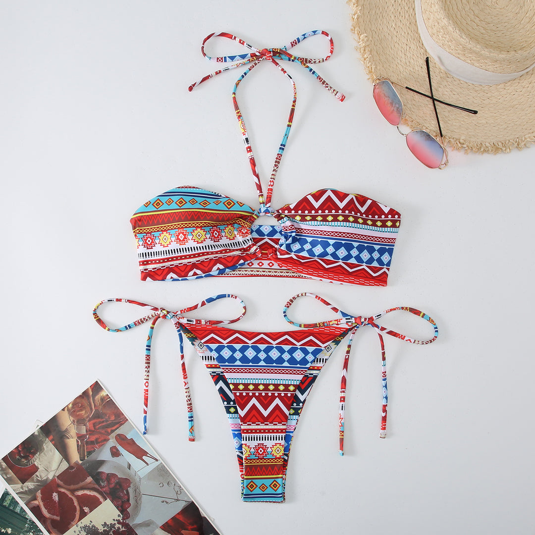 Dame Bandeau-Bikini-sæt med legende tribal-mønster og justerbare stropper Stilla
